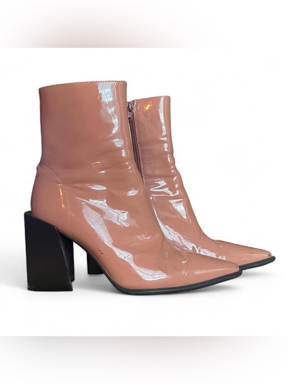 Jeffrey Campbell Nude Patent Ankle Boots – Pointed Toe Block Heel Boots (8.5)